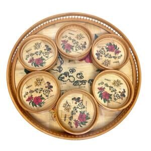 New Vintage Hawaii Bamboo Tray + 6 Coasters Set Maps 1960 Mid Century MCM Round